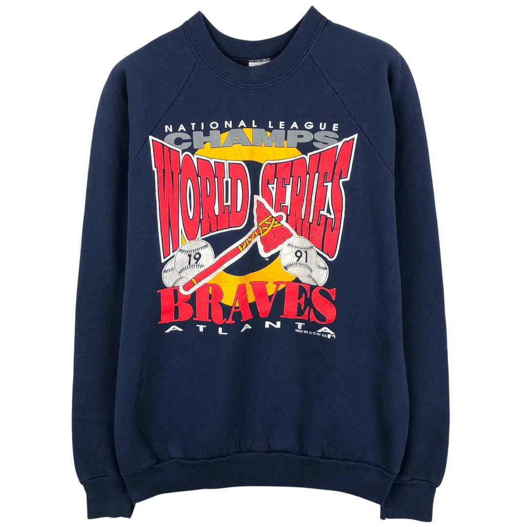 90'S Fruit of the Loom MLB Atlanta Braves Print Sweatshirt, Made in USA, Men's Size XL cotton navy blue type Vintage Second Hand