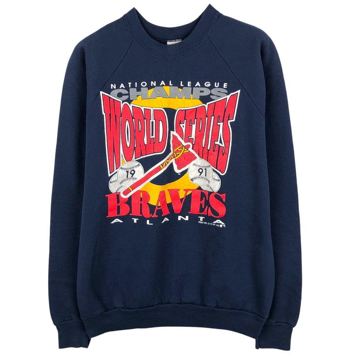 90'S Fruit of the Loom MLB Atlanta Braves Print Sweatshirt, Made in USA, Men's Size XL cotton navy blue type Vintage Second Hand