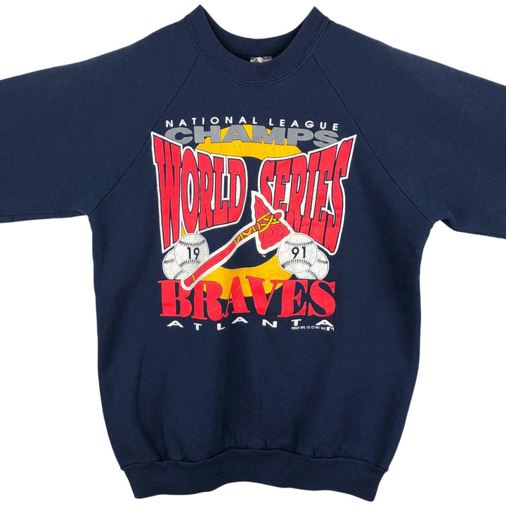 90'S Fruit of the Loom MLB Atlanta Braves Print Sweatshirt, Made in USA, Men's Size XL cotton navy blue type Vintage Second Hand