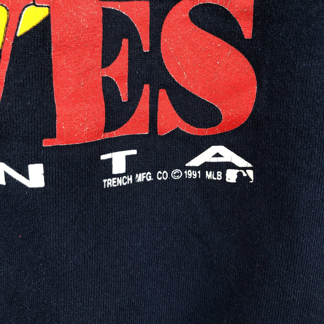 90'S Fruit of the Loom MLB Atlanta Braves Print Sweatshirt, Made in USA, Men's Size XL cotton navy blue type Vintage Second Hand