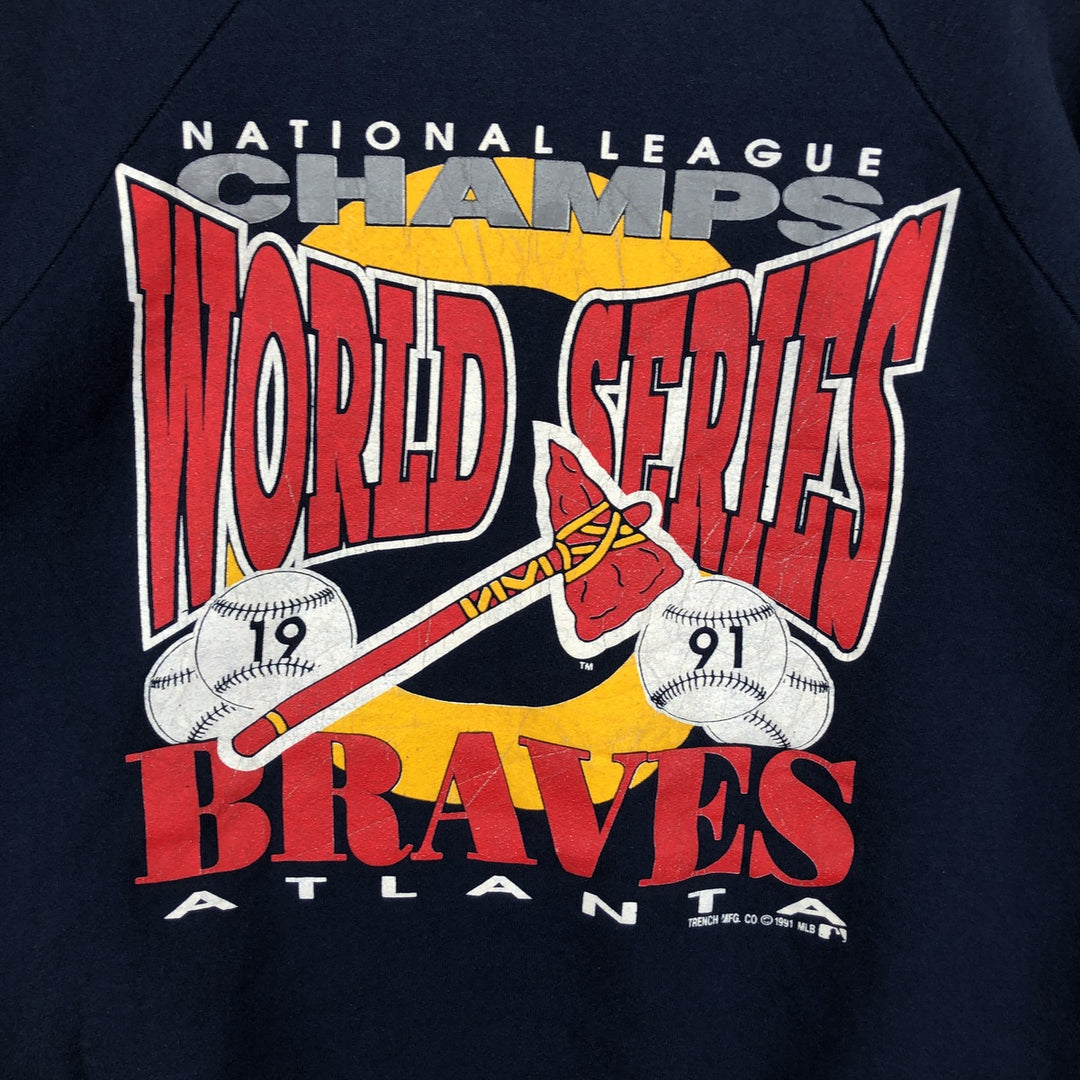 90'S Fruit of the Loom MLB Atlanta Braves Print Sweatshirt, Made in USA, Men's Size XL cotton navy blue type Vintage Second Hand