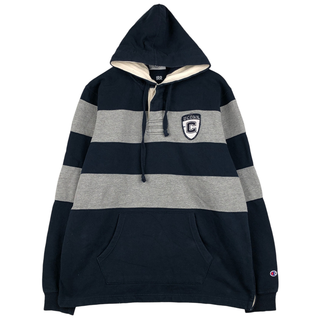Champion Border Pattern College Sweatshirt Half Button Hoodie, Men's Size L cotton gray type Vintage Second Hand