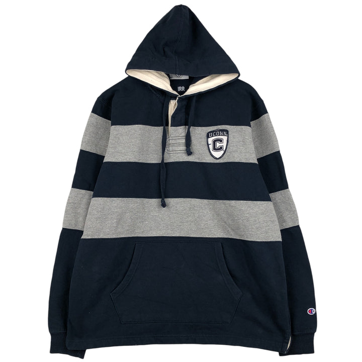 Champion Border Pattern College Sweatshirt Half Button Hoodie, Men's Size L cotton gray type Vintage Second Hand