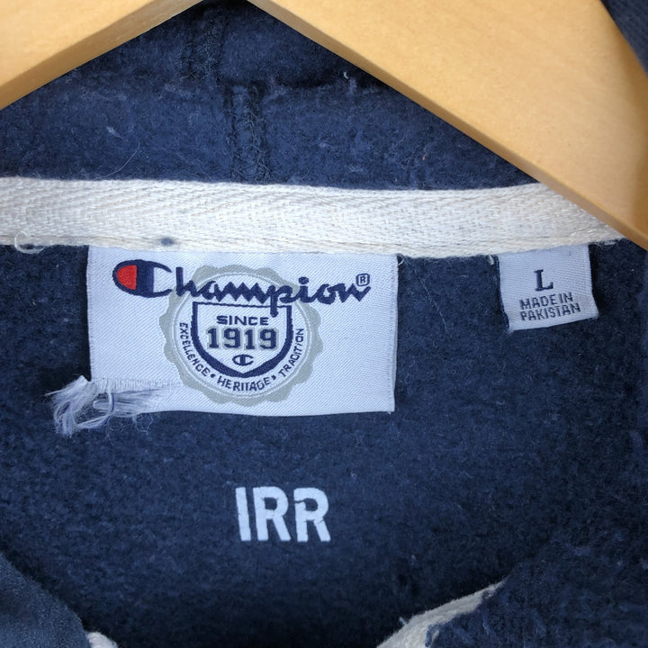 Champion Border Pattern College Sweatshirt Half Button Hoodie, Men's Size L cotton gray type Vintage Second Hand