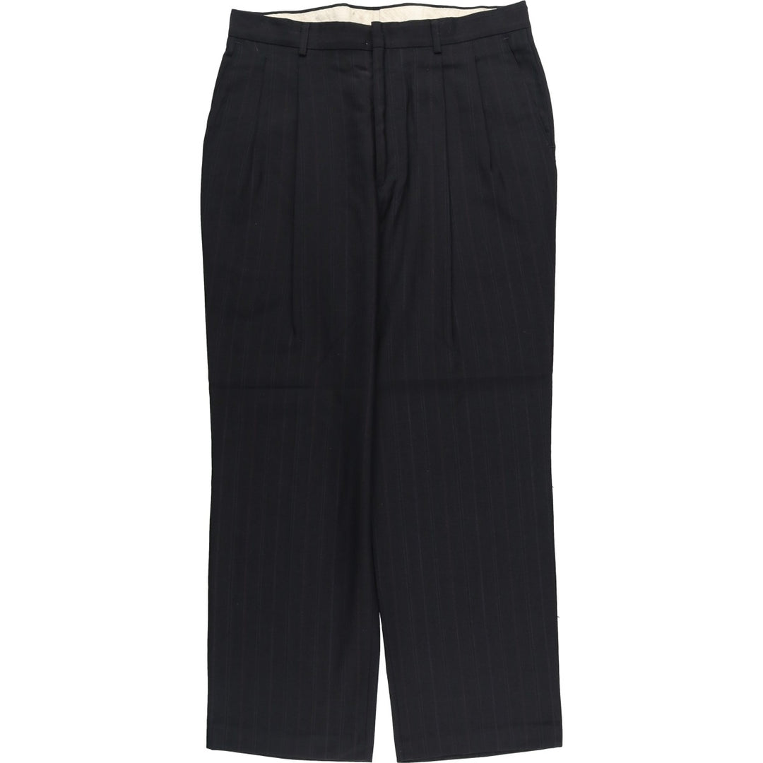 Striped Pattern Two-pleat Slacks Pants, Made in USA, Men's Size W34 polyester black type Vintage Second Hand