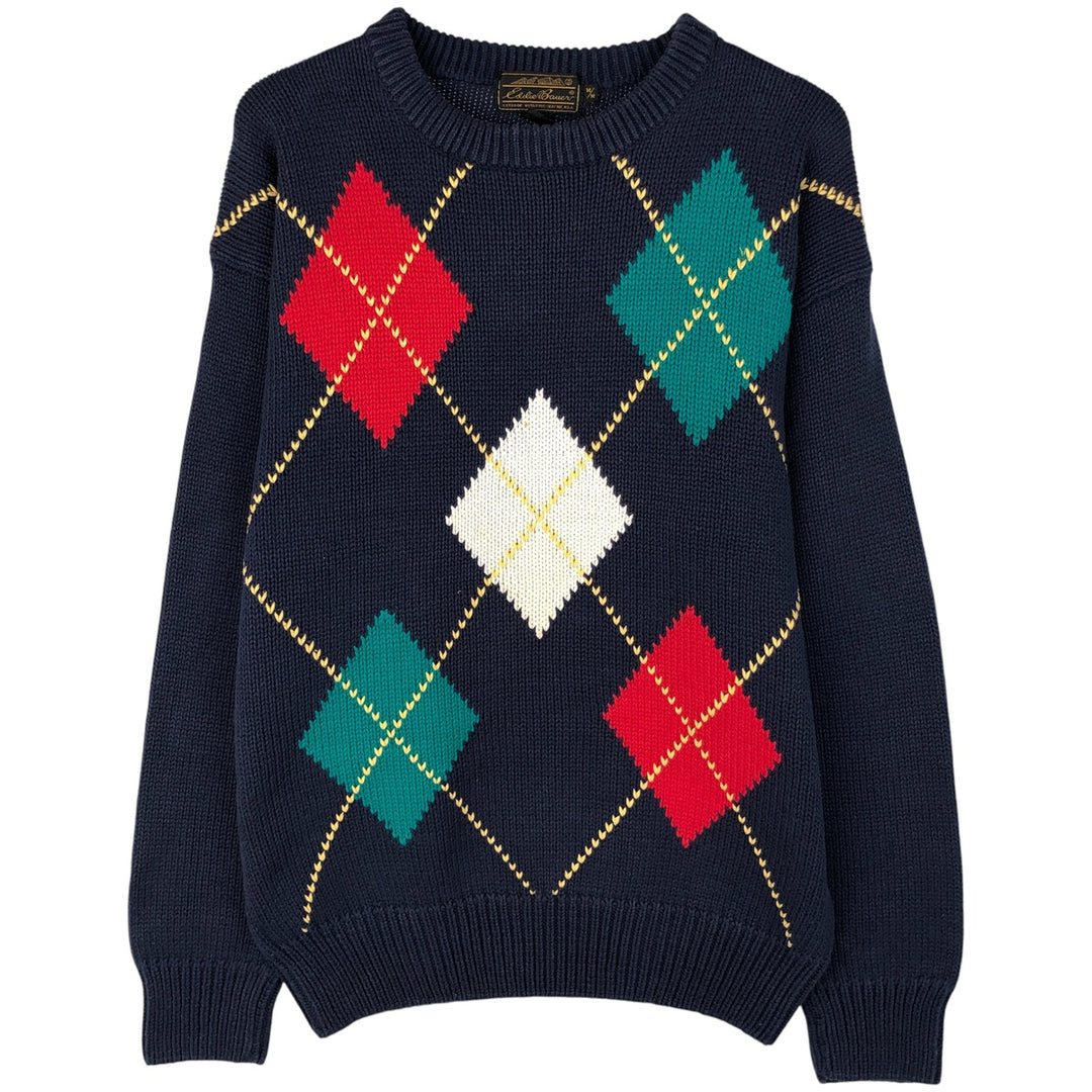 Vintage 80s-90'S Eddie Bauer Argyle Pattern Cotton Knit Sweater (Black Tag), Men's Size Medium cotton navy blue type Vintage Second Hand