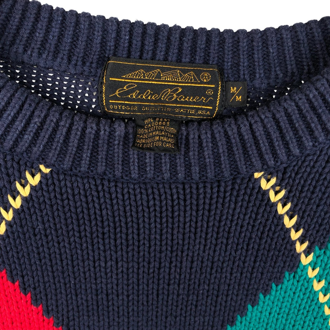 Vintage 80s-90'S Eddie Bauer Argyle Pattern Cotton Knit Sweater (Black Tag), Men's Size Medium cotton navy blue type Vintage Second Hand