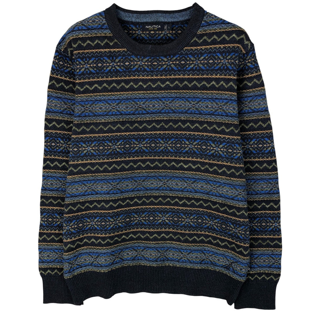 2000'S ~ NAUTICA Fair Isle Pattern Cotton Knit Sweater, Men's Size L cotton navy blue type Vintage Second Hand