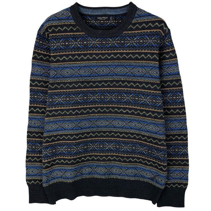 2000'S ~ NAUTICA Fair Isle Pattern Cotton Knit Sweater, Men's Size L cotton navy blue type Vintage Second Hand