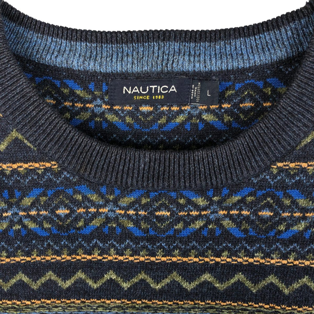 2000'S ~ NAUTICA Fair Isle Pattern Cotton Knit Sweater, Men's Size L cotton navy blue type Vintage Second Hand