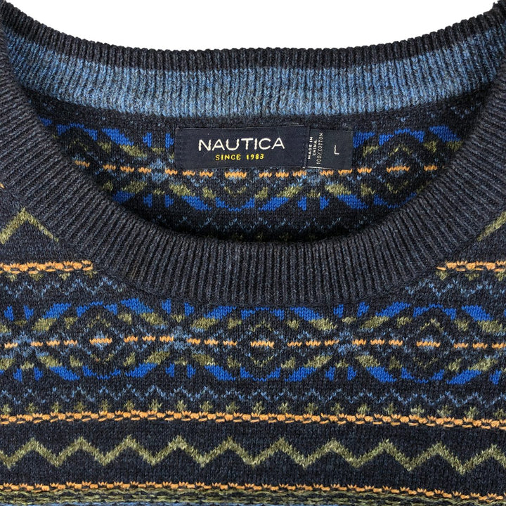 2000'S ~ NAUTICA Fair Isle Pattern Cotton Knit Sweater, Men's Size L cotton navy blue type Vintage Second Hand
