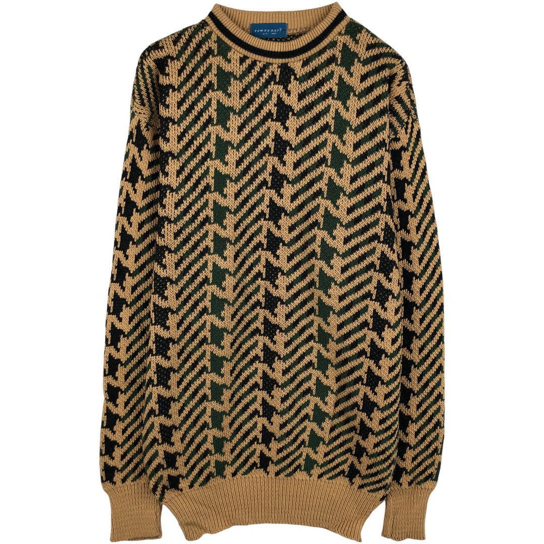 Vintage 80s-90'S Town Craft Houndstooth Pattern Knit Sweater, Men's Size L unclear Beige type Vintage Second Hand
