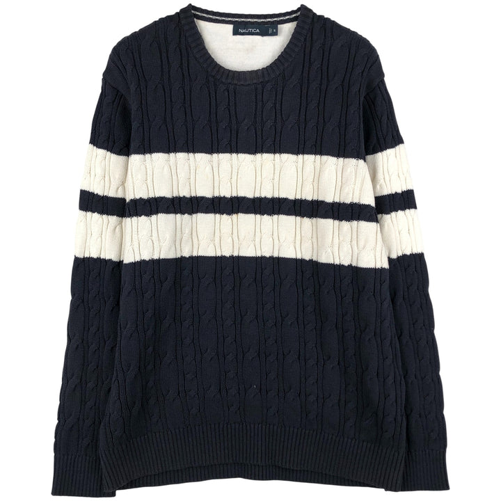2000'S ~ NAUTICA Cable Knit Rib Knit Cotton Sweater, Men's XL cotton navy blue type Vintage Second Hand