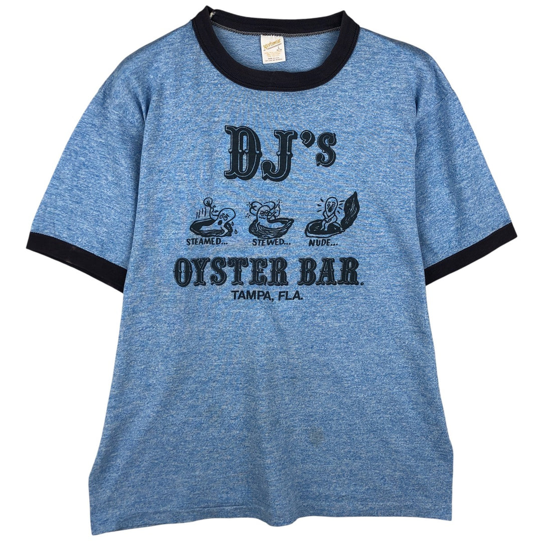 Vintage 70'S Sportswear DJ's OYSTER BAR Advertising Ringer T-Shirt, Made in USA, Men's Size Large polyester blue type Vintage Second Hand