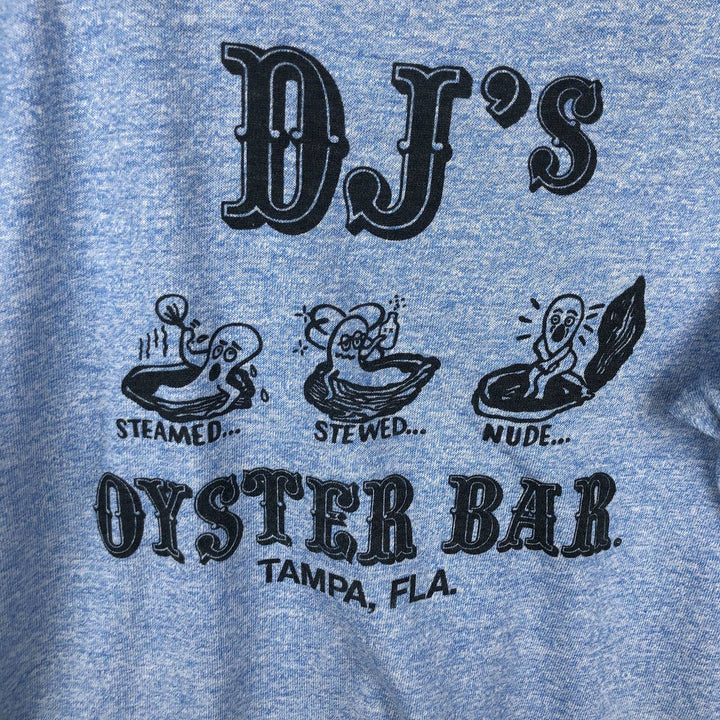 Vintage 70'S Sportswear DJ's OYSTER BAR Advertising Ringer T-Shirt, Made in USA, Men's Size Large polyester blue type Vintage Second Hand