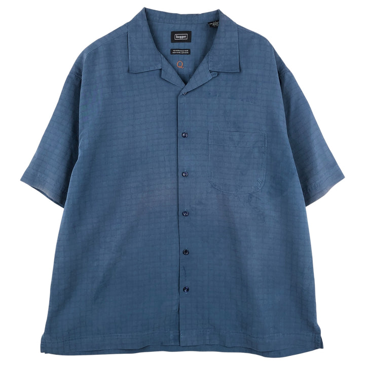 Haggar Check Pattern Short Sleeve Rayon Open Collar Box Shirt, Men's Size L Rayon Navy blue Vintage Second Hand