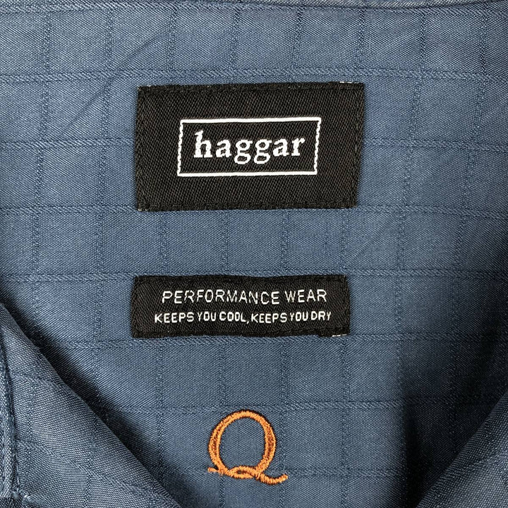 Haggar Check Pattern Short Sleeve Rayon Open Collar Box Shirt, Men's Size L Rayon Navy blue Vintage Second Hand