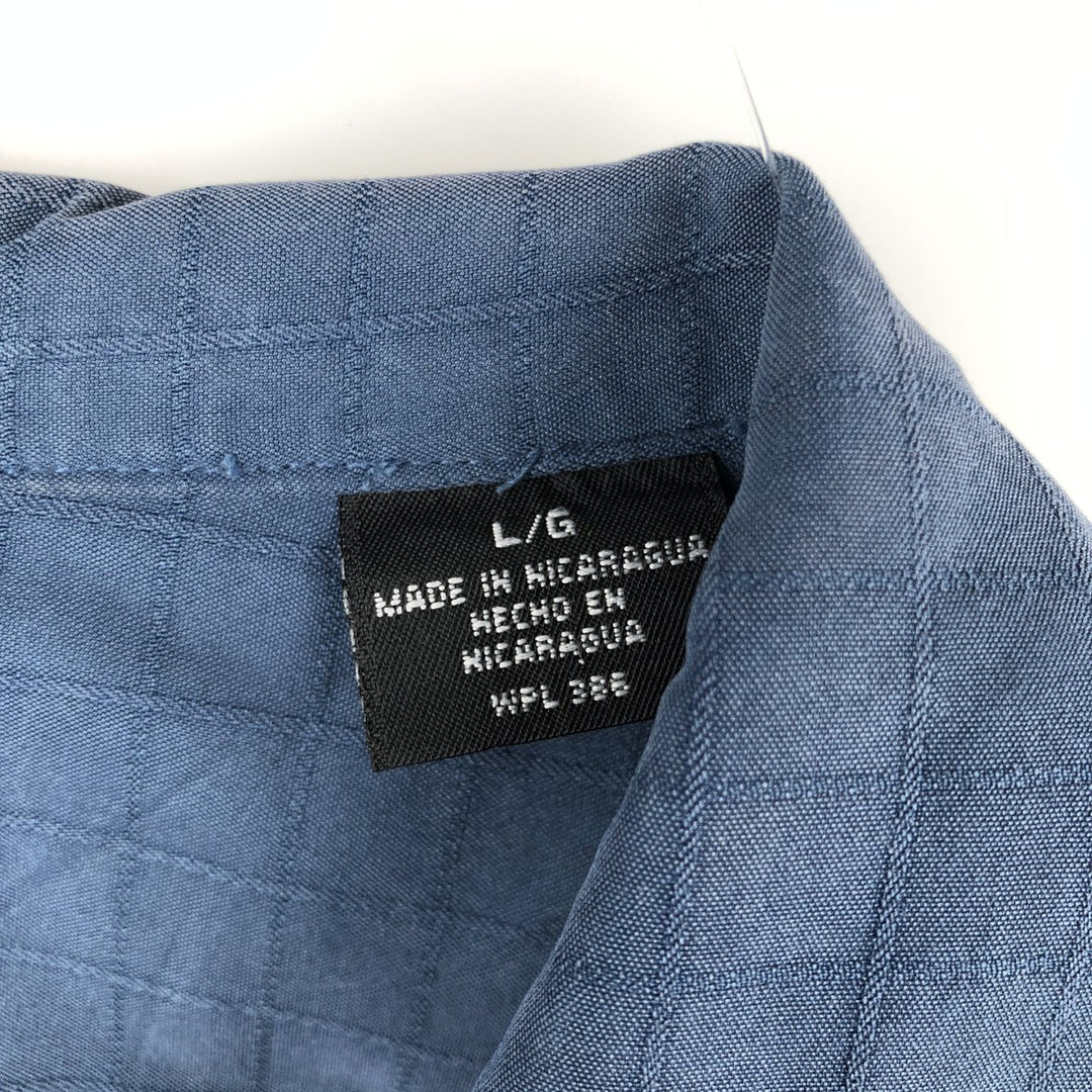 Haggar Check Pattern Short Sleeve Rayon Open Collar Box Shirt, Men's Size L Rayon Navy blue Vintage Second Hand