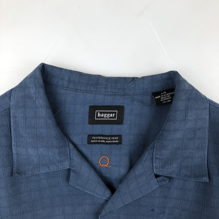Haggar Check Pattern Short Sleeve Rayon Open Collar Box Shirt, Men's Size L Rayon Navy blue Vintage Second Hand