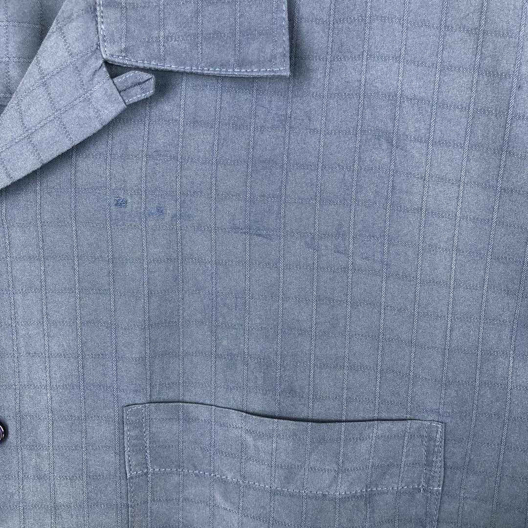 Haggar Check Pattern Short Sleeve Rayon Open Collar Box Shirt, Men's Size L Rayon Navy blue Vintage Second Hand