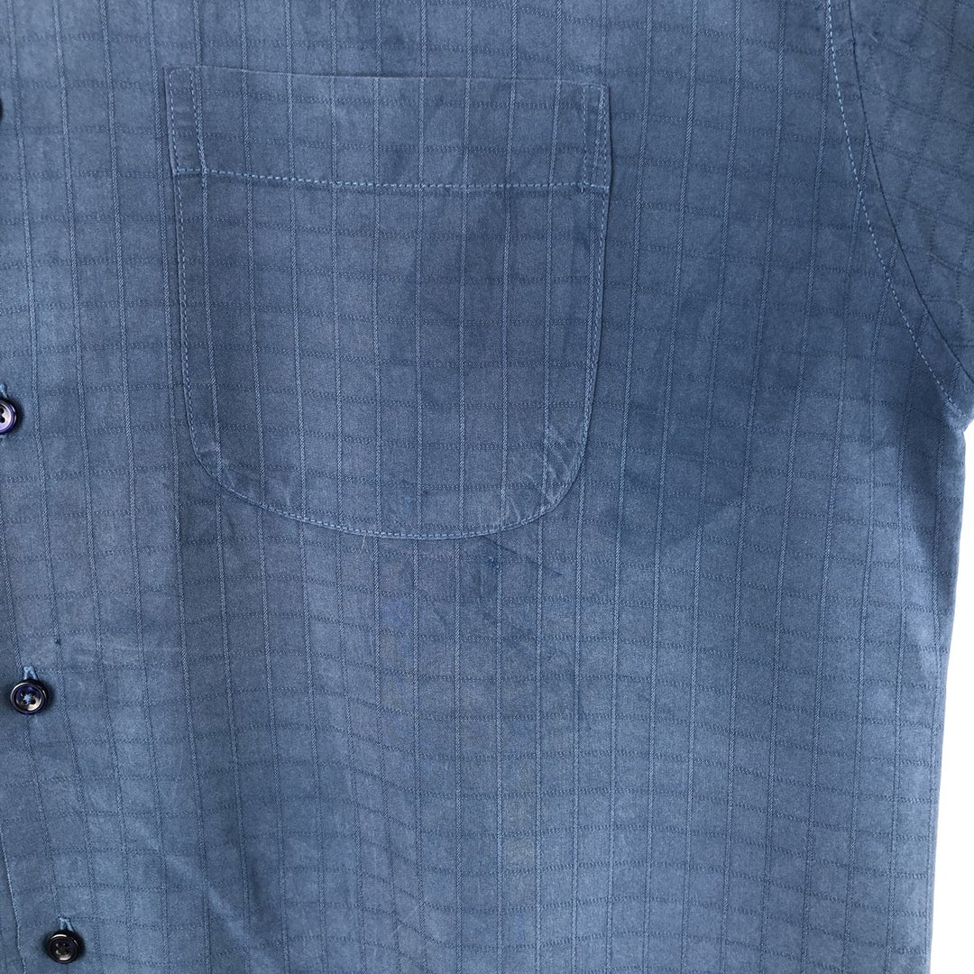 Haggar Check Pattern Short Sleeve Rayon Open Collar Box Shirt, Men's Size L Rayon Navy blue Vintage Second Hand