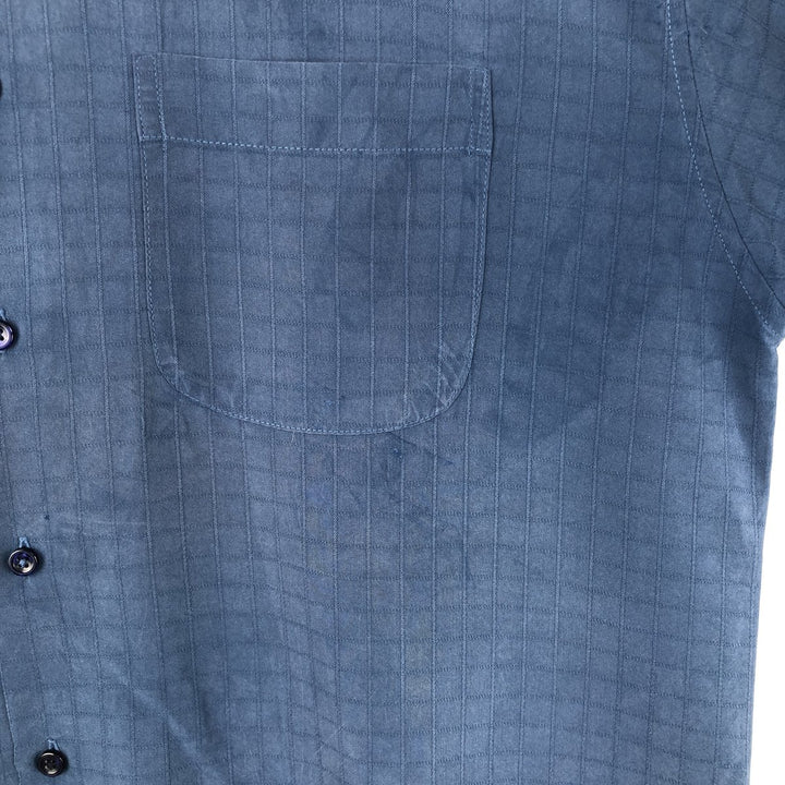 Haggar Check Pattern Short Sleeve Rayon Open Collar Box Shirt, Men's Size L Rayon Navy blue Vintage Second Hand