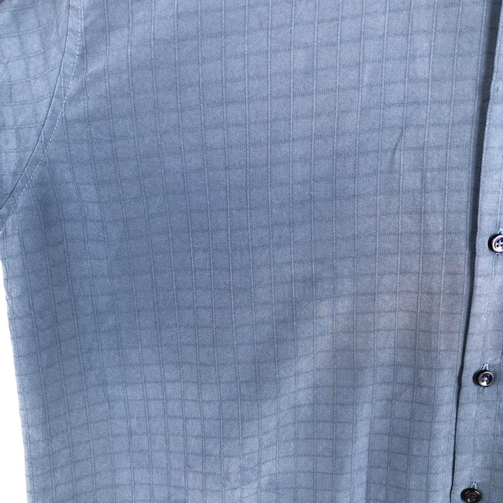 Haggar Check Pattern Short Sleeve Rayon Open Collar Box Shirt, Men's Size L Rayon Navy blue Vintage Second Hand