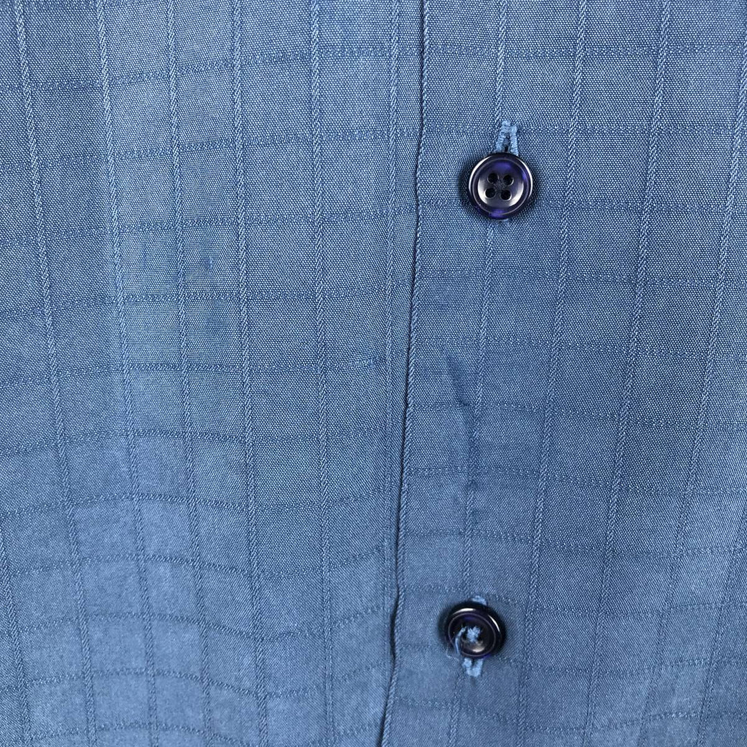Haggar Check Pattern Short Sleeve Rayon Open Collar Box Shirt, Men's Size L Rayon Navy blue Vintage Second Hand