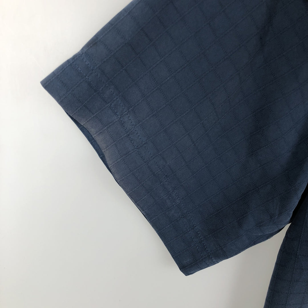 Haggar Check Pattern Short Sleeve Rayon Open Collar Box Shirt, Men's Size L Rayon Navy blue Vintage Second Hand