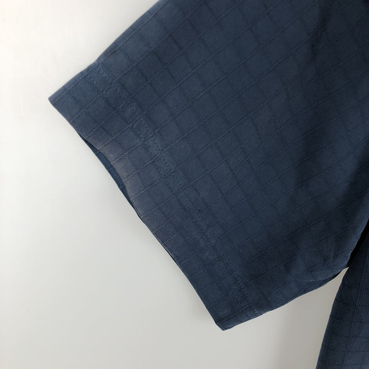 Haggar Check Pattern Short Sleeve Rayon Open Collar Box Shirt, Men's Size L Rayon Navy blue Vintage Second Hand