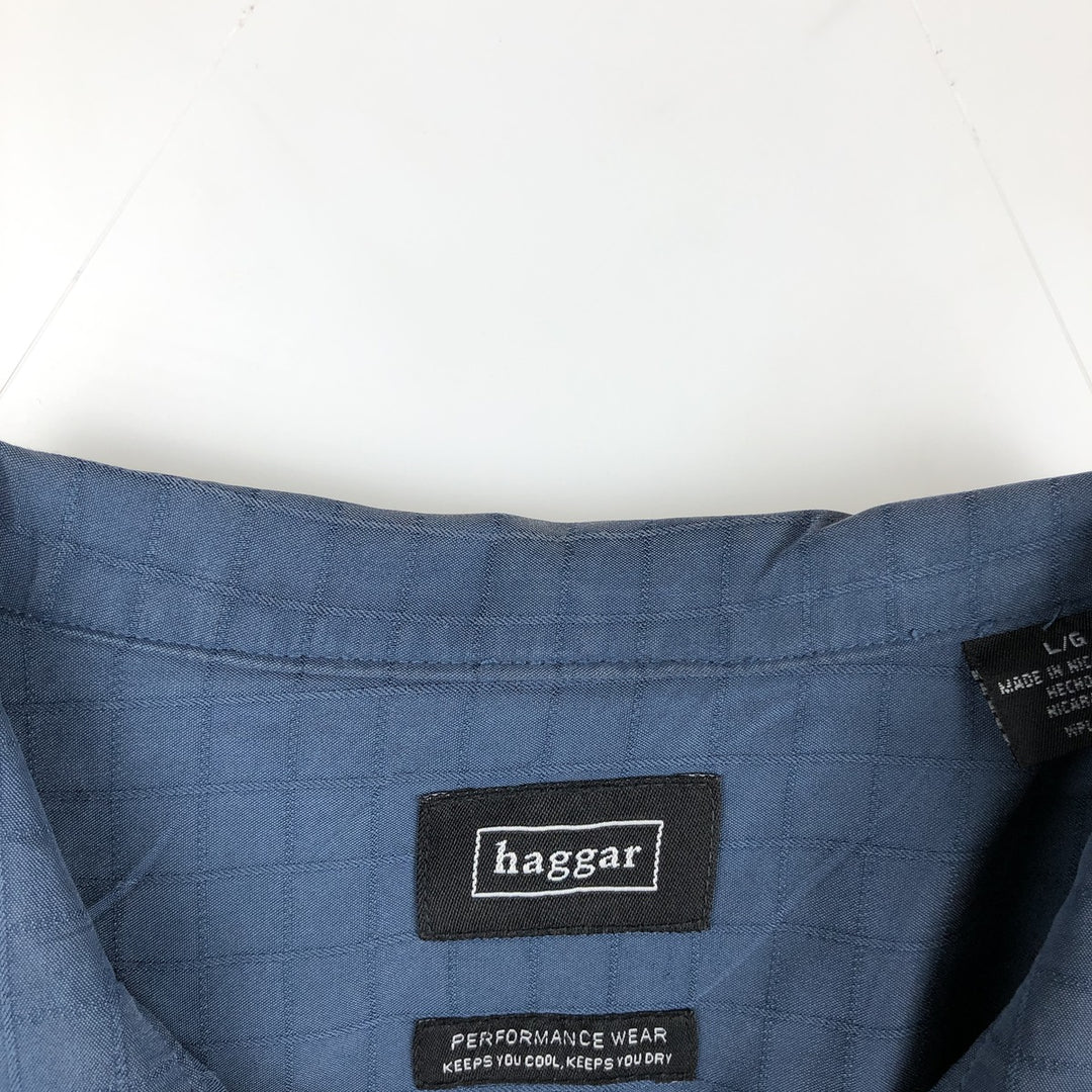 Haggar Check Pattern Short Sleeve Rayon Open Collar Box Shirt, Men's Size L Rayon Navy blue Vintage Second Hand