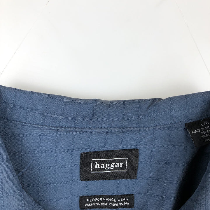 Haggar Check Pattern Short Sleeve Rayon Open Collar Box Shirt, Men's Size L Rayon Navy blue Vintage Second Hand