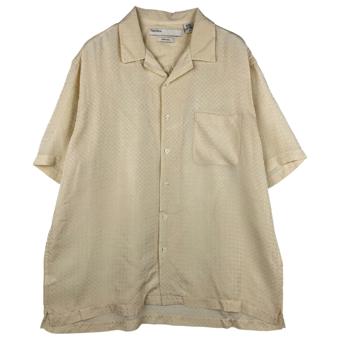 Perry Ellis Check Pattern Short Sleeve Open Collar Silk Shirt, Men's XL silk lemon yellow Vintage Second Hand