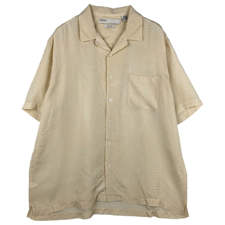 Perry Ellis Check Pattern Short Sleeve Open Collar Silk Shirt, Men's XL silk lemon yellow Vintage Second Hand