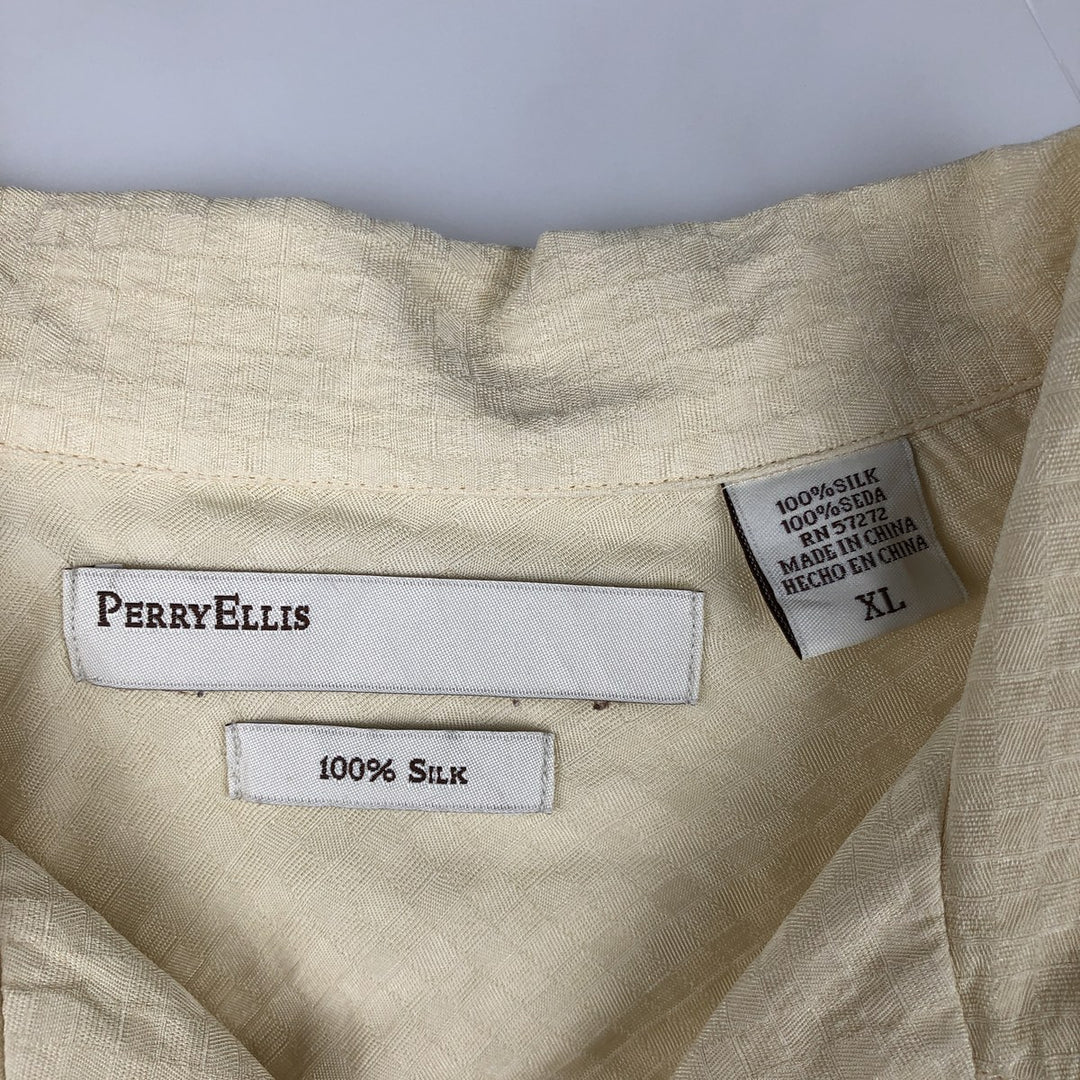 Perry Ellis Check Pattern Short Sleeve Open Collar Silk Shirt, Men's XL silk lemon yellow Vintage Second Hand