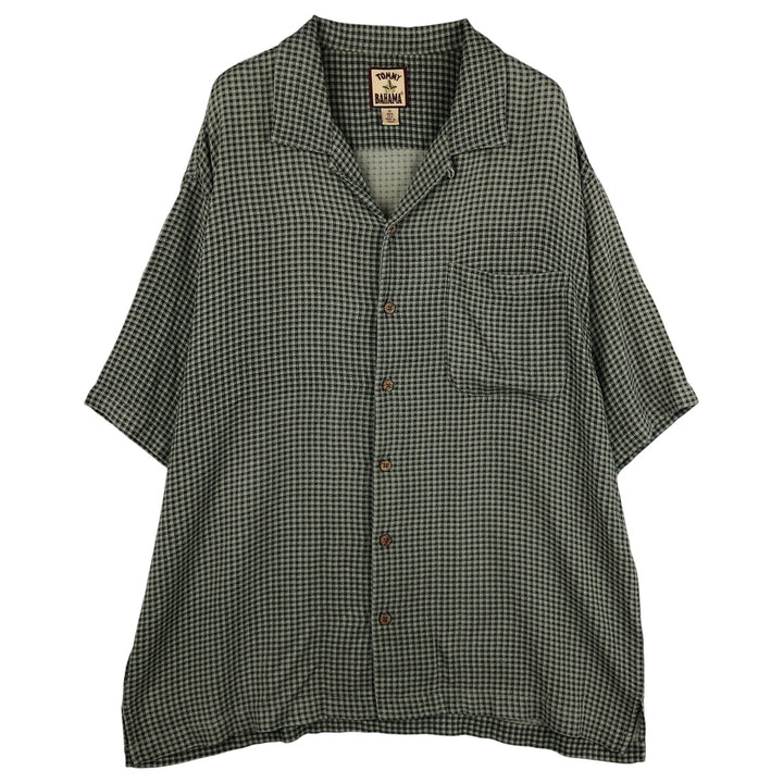 Tommy Bahama Check Pattern Short Sleeve Open Collar Silk Shirt Box Shirt Men's XL silk Green type dark green Vintage Second Hand