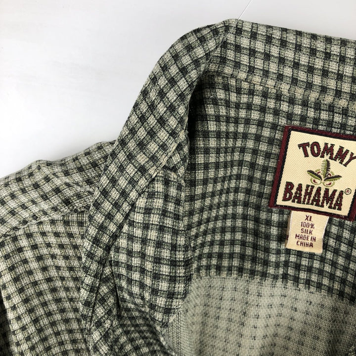 Tommy Bahama Check Pattern Short Sleeve Open Collar Silk Shirt Box Shirt Men's XL silk Green type dark green Vintage Second Hand