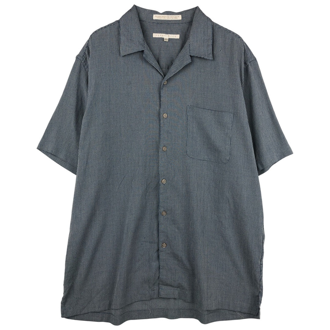 Perry Ellis Check Pattern Short Sleeve Open Collar Polyester and Rayon Box Shirt, Men's Size L Rayon blue type Vintage Second Hand