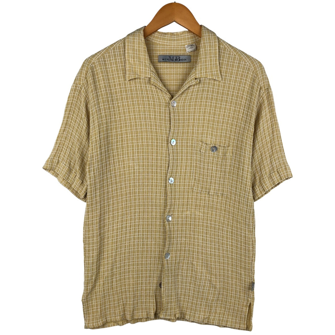 Michael Brandon Check Pattern Crepe Short Sleeve Open Collar Rayon Shirt, Made in USA, Men's Size L Rayon lemon yellow Vintage Second Hand
