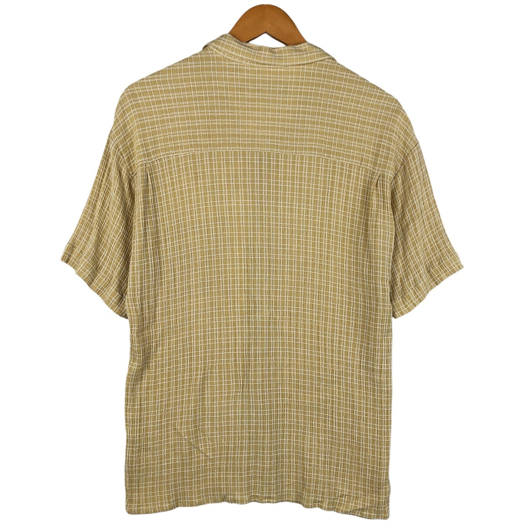 Michael Brandon Check Pattern Crepe Short Sleeve Open Collar Rayon Shirt, Made in USA, Men's Size L Rayon lemon yellow Vintage Second Hand