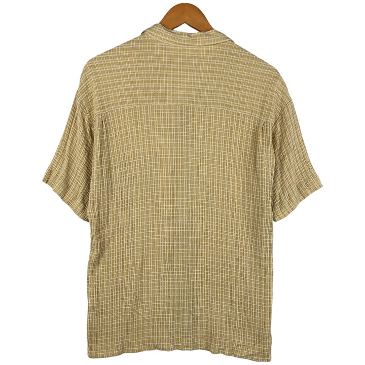 Michael Brandon Check Pattern Crepe Short Sleeve Open Collar Rayon Shirt, Made in USA, Men's Size L Rayon lemon yellow Vintage Second Hand