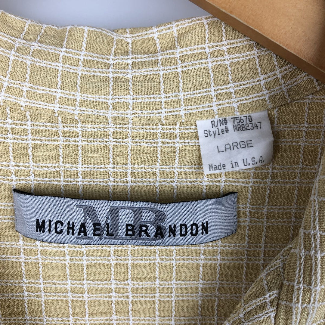 Michael Brandon Check Pattern Crepe Short Sleeve Open Collar Rayon Shirt, Made in USA, Men's Size L Rayon lemon yellow Vintage Second Hand