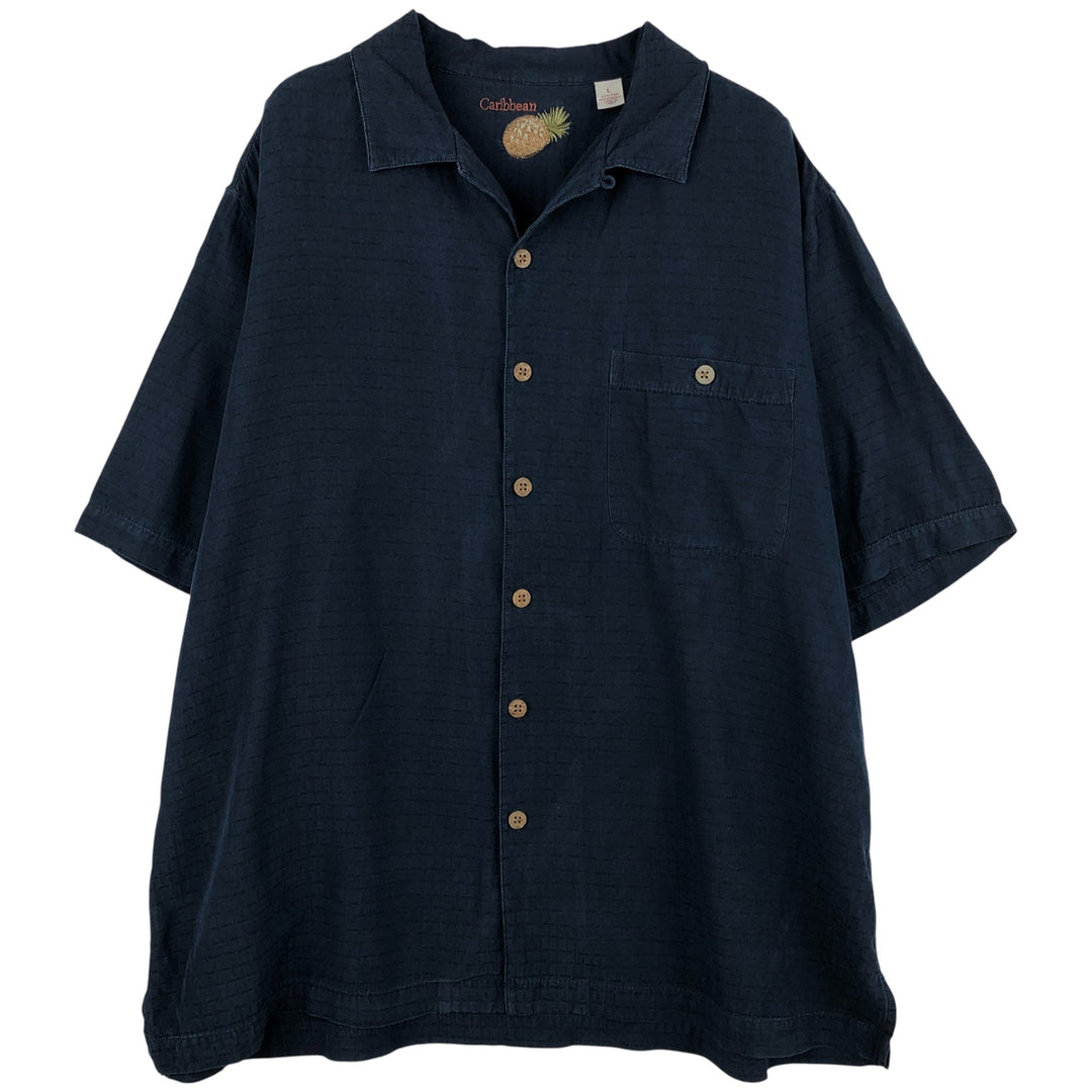 Caribbean Check Pattern Short Sleeve Open Collar Silk Shirt Box Shirt Men's Size L silk navy blue type Vintage Second Hand
