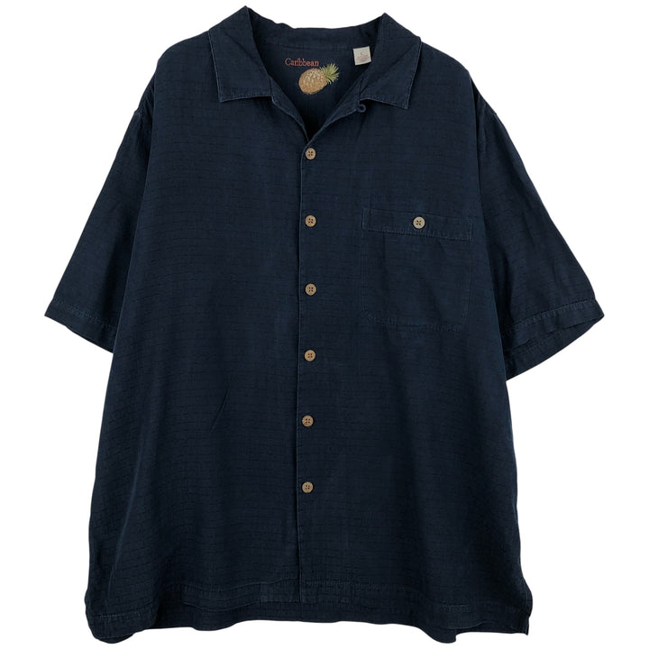 Caribbean Check Pattern Short Sleeve Open Collar Silk Shirt Box Shirt Men's Size L silk navy blue type Vintage Second Hand