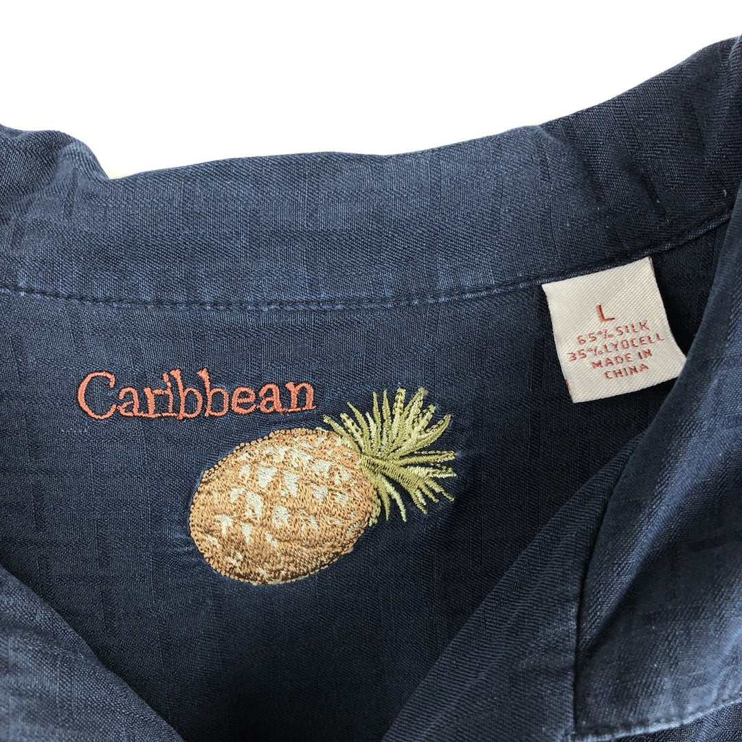 Caribbean Check Pattern Short Sleeve Open Collar Silk Shirt Box Shirt Men's Size L silk navy blue type Vintage Second Hand