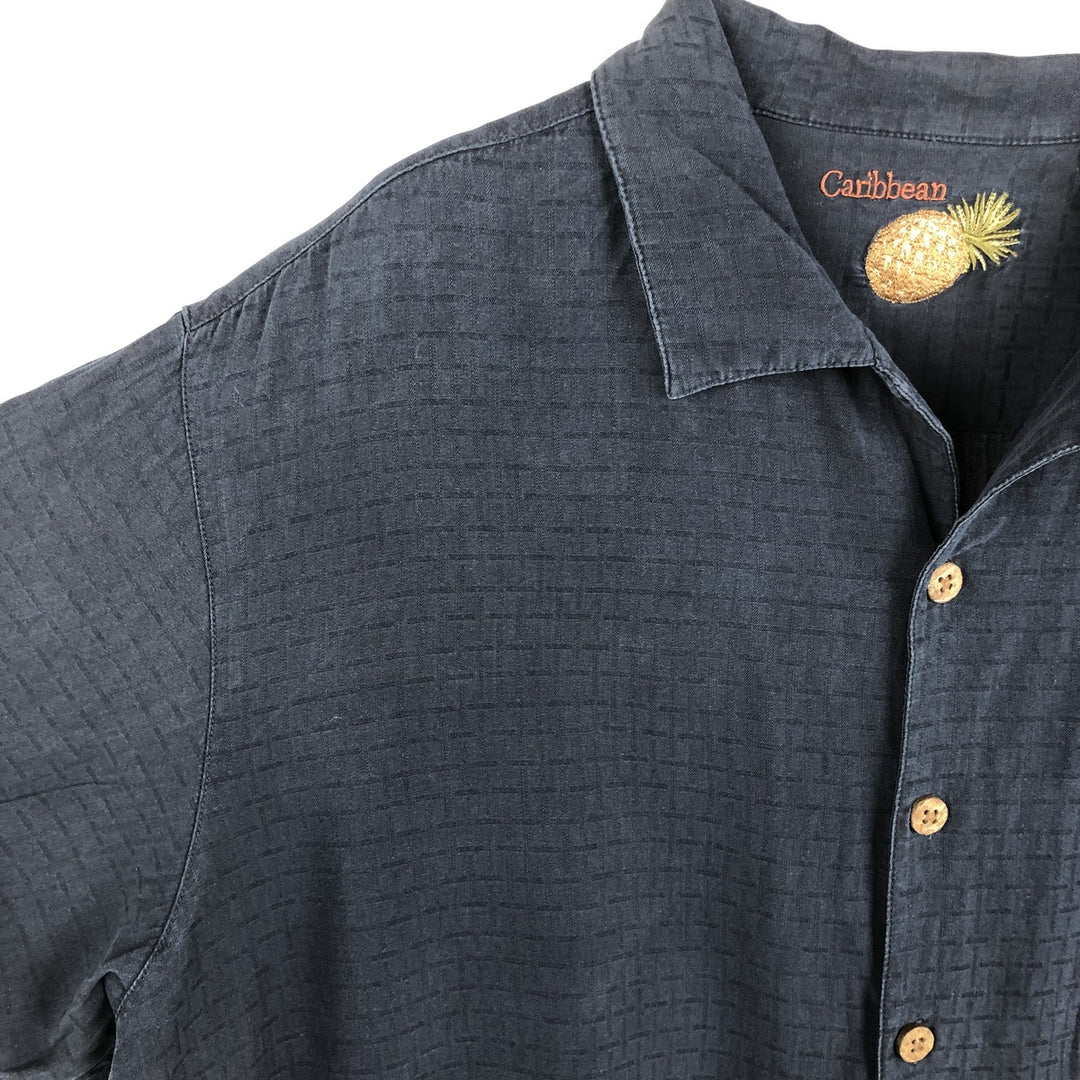 Caribbean Check Pattern Short Sleeve Open Collar Silk Shirt Box Shirt Men's Size L silk navy blue type Vintage Second Hand