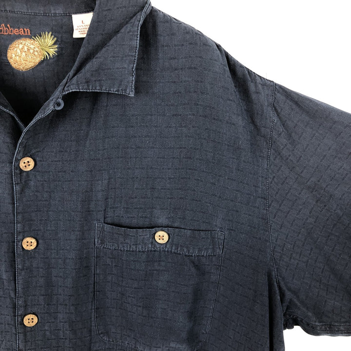 Caribbean Check Pattern Short Sleeve Open Collar Silk Shirt Box Shirt Men's Size L silk navy blue type Vintage Second Hand
