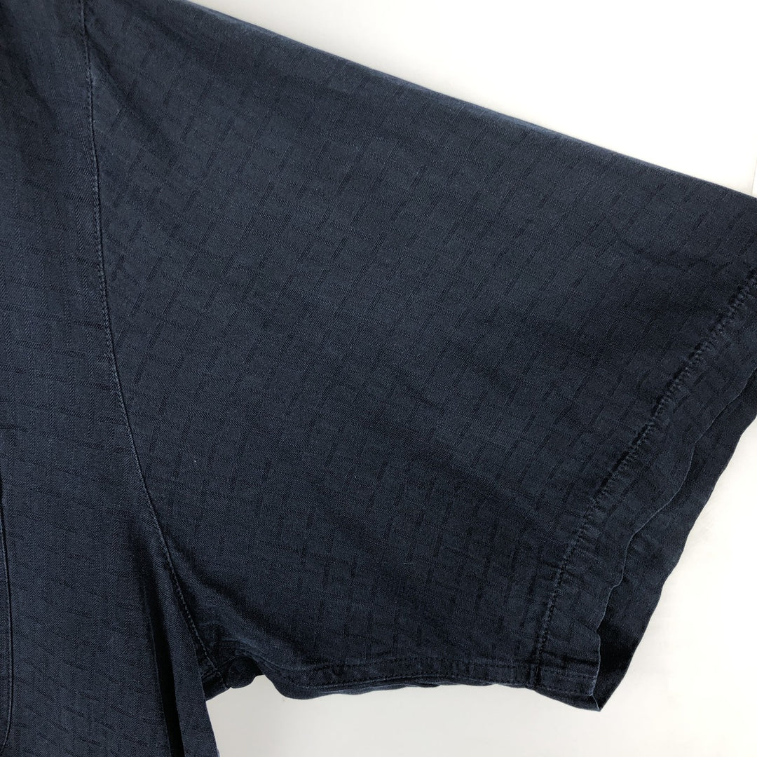 Caribbean Check Pattern Short Sleeve Open Collar Silk Shirt Box Shirt Men's Size L silk navy blue type Vintage Second Hand