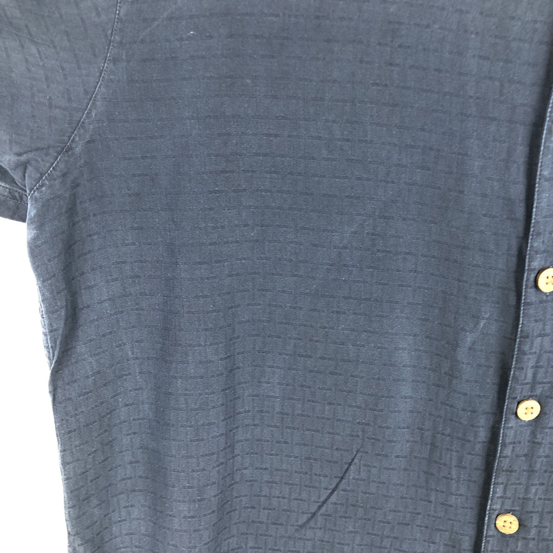 Caribbean Check Pattern Short Sleeve Open Collar Silk Shirt Box Shirt Men's Size L silk navy blue type Vintage Second Hand