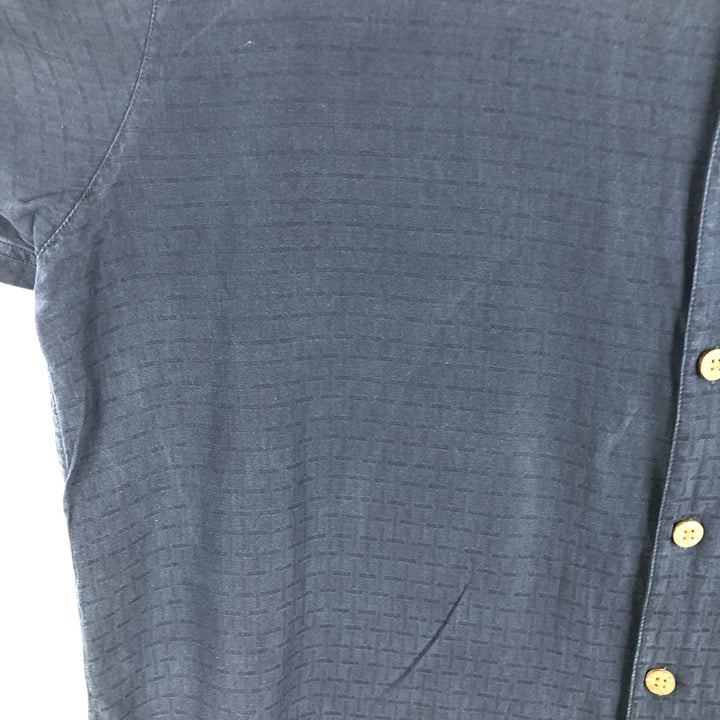 Caribbean Check Pattern Short Sleeve Open Collar Silk Shirt Box Shirt Men's Size L silk navy blue type Vintage Second Hand